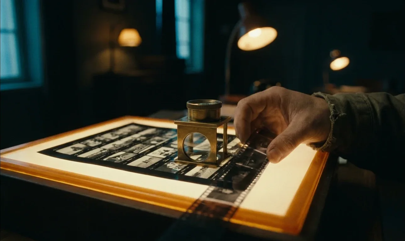 A loupe rests on a contact sheet of film frames on a glowing lightbox.