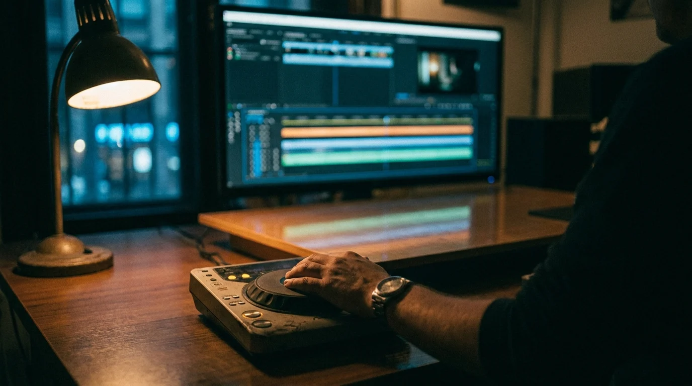 An editor's hand on a jog wheel in front of a multi-track timeline.