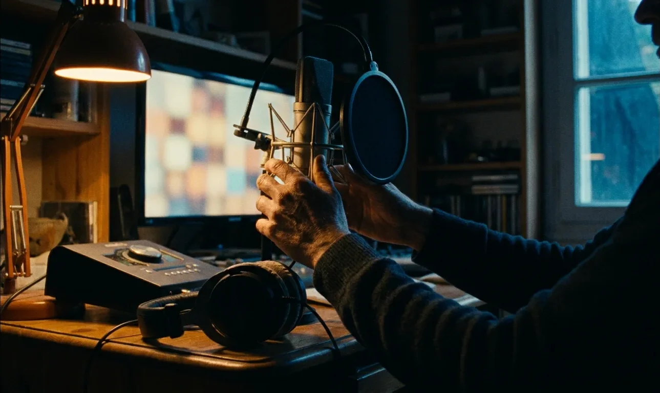 A narrator's hands adjust a studio microphone with a round pop filter at a desk at night, headphones beside it and a grid of film frames on the monitor behind.