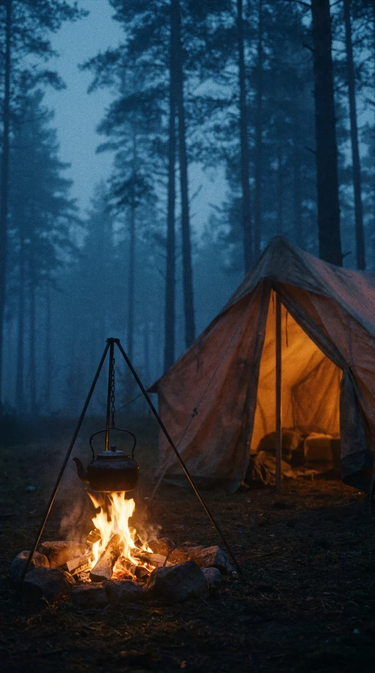 A small campfire with a hanging kettle in front of a glowing tent in a misty pine forest at dusk.