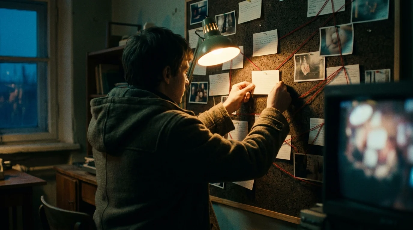 A person pins an index card onto a cork wall of cards and film stills.