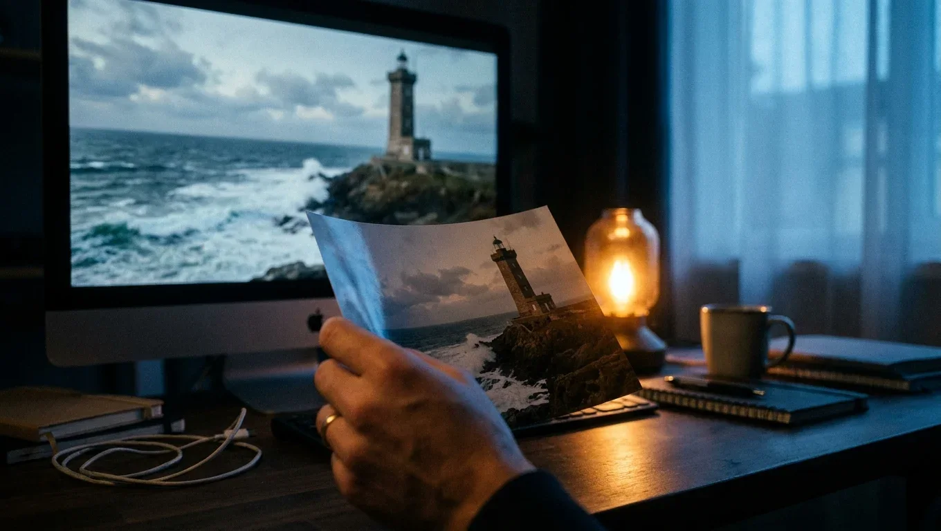 A printed photo of a lighthouse held up in front of the same scene in motion on a monitor.