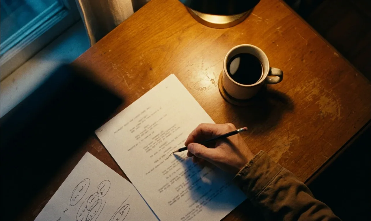 A hand marks a typed script page with a pencil under a desk lamp.