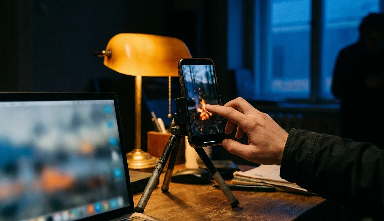 A phone on a tripod showing a vertical campfire video
