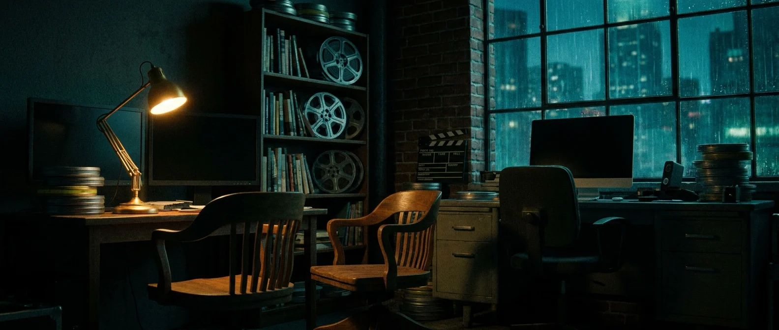 An empty small film studio at night: two chairs at a desk with dark monitors, a brass lamp, film reels on a shelf and a rainy city beyond the window.